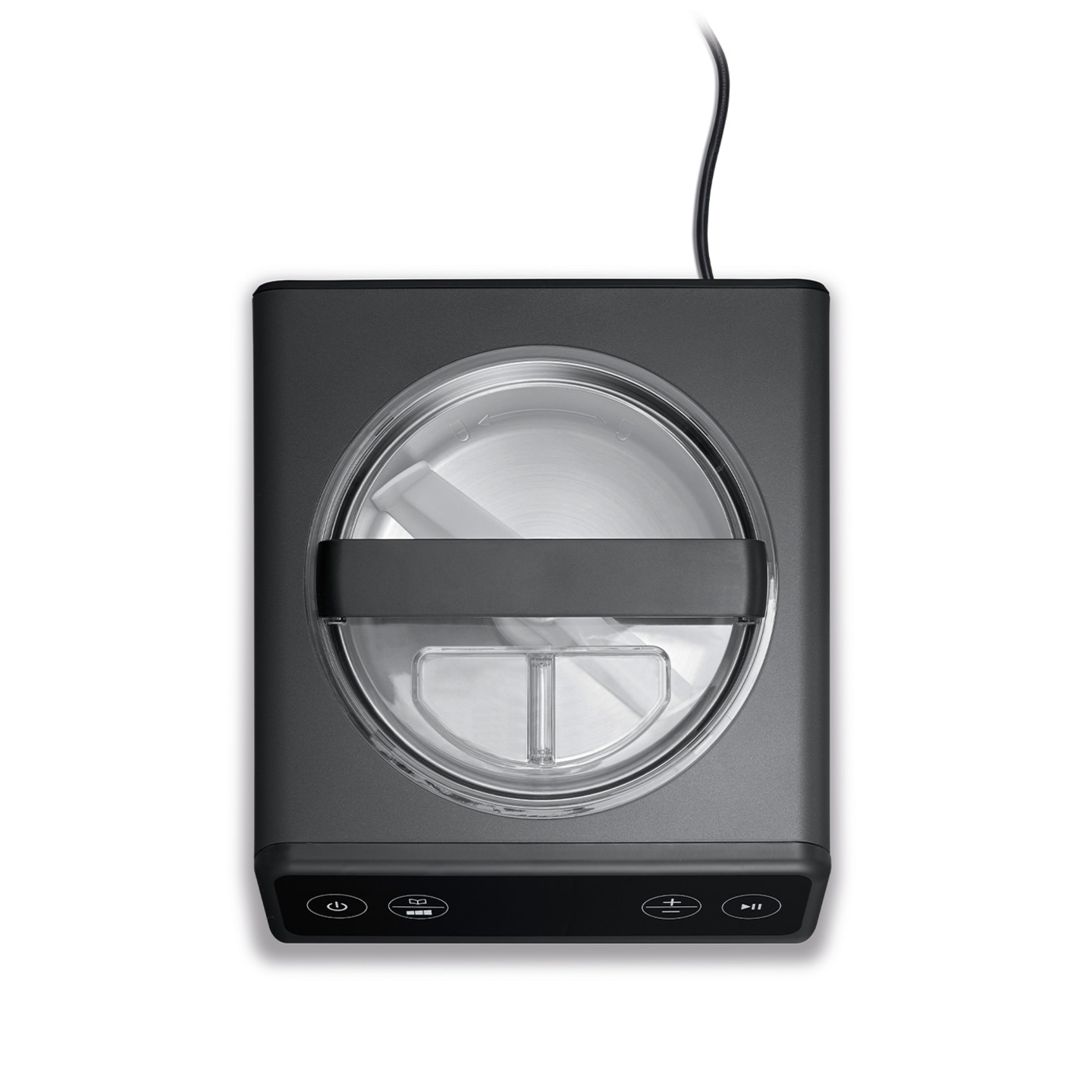 Gray ice cream maker with buttons, transparent lid, and power cord