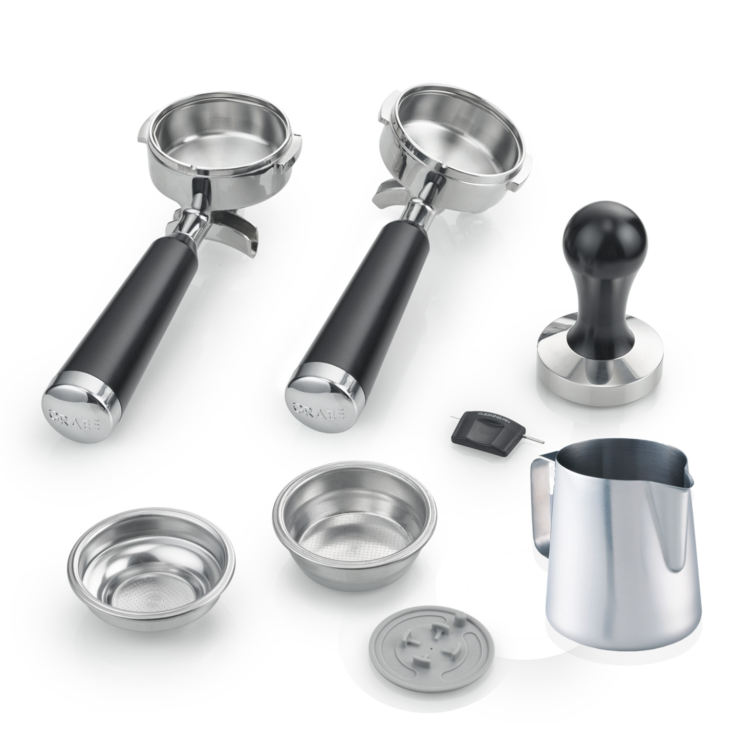 Accessori per macchina da caffè: portafiltri, pressino, lattiera, filtri, e altro ancora.