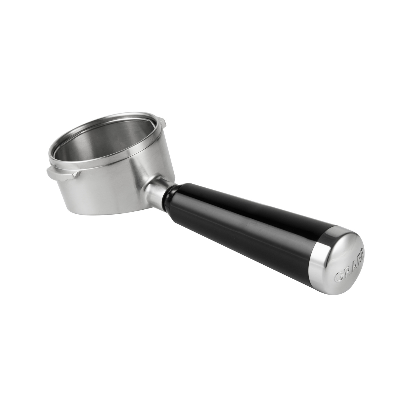 Porte-filtre à espresso avec manche noir et extrémité argentée, logo GRAEF.