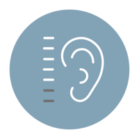 Ear symbol with measurement scale in a blue circle on black background