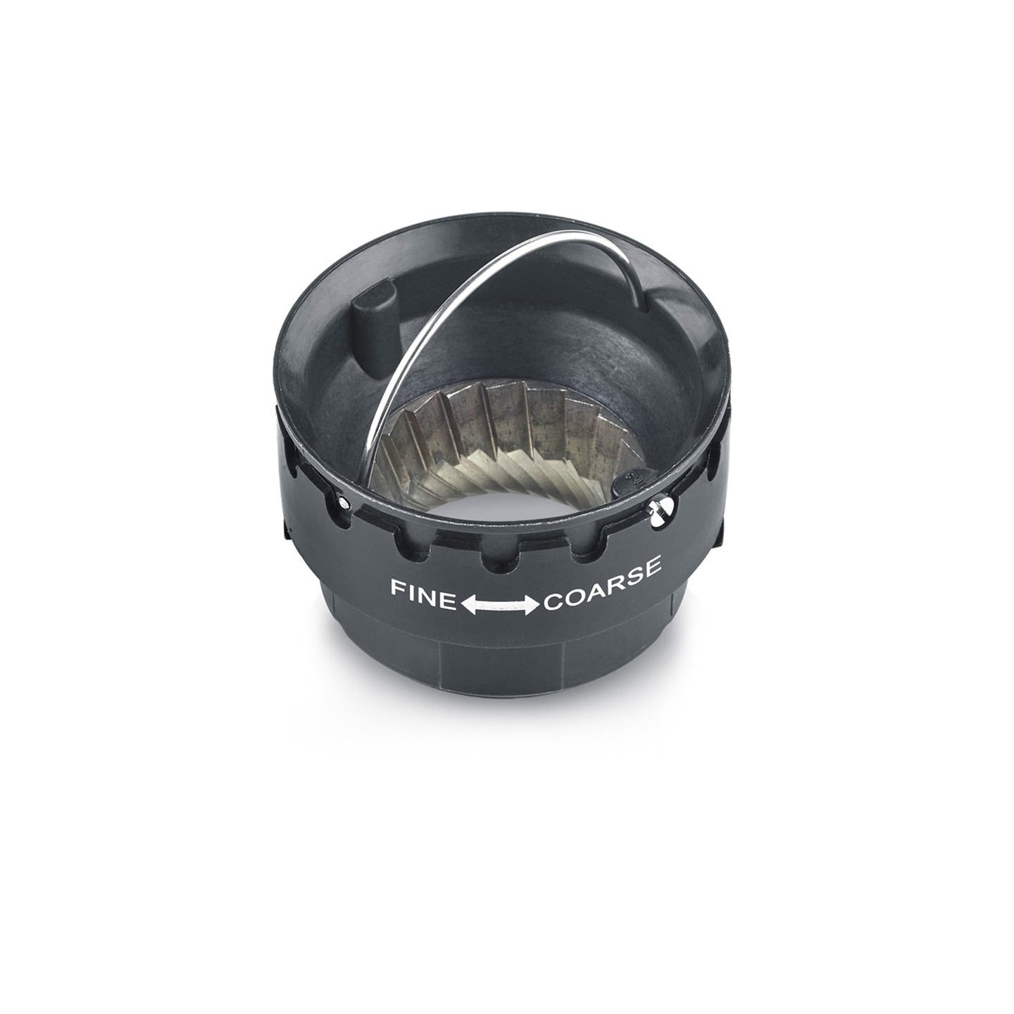Black coffee grinder with fine and coarse adjustment settings.