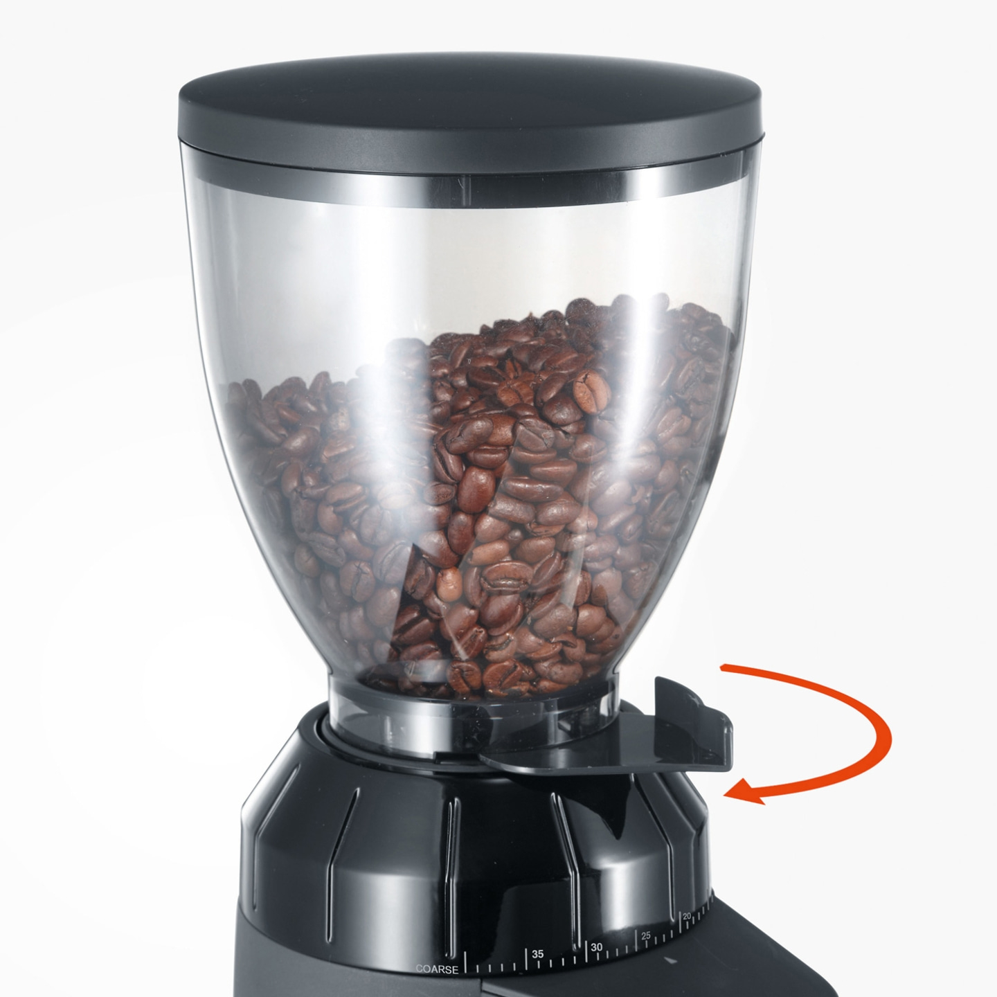 Coffee grinder with beans, black container, adjustable grind, arrow indicates direction