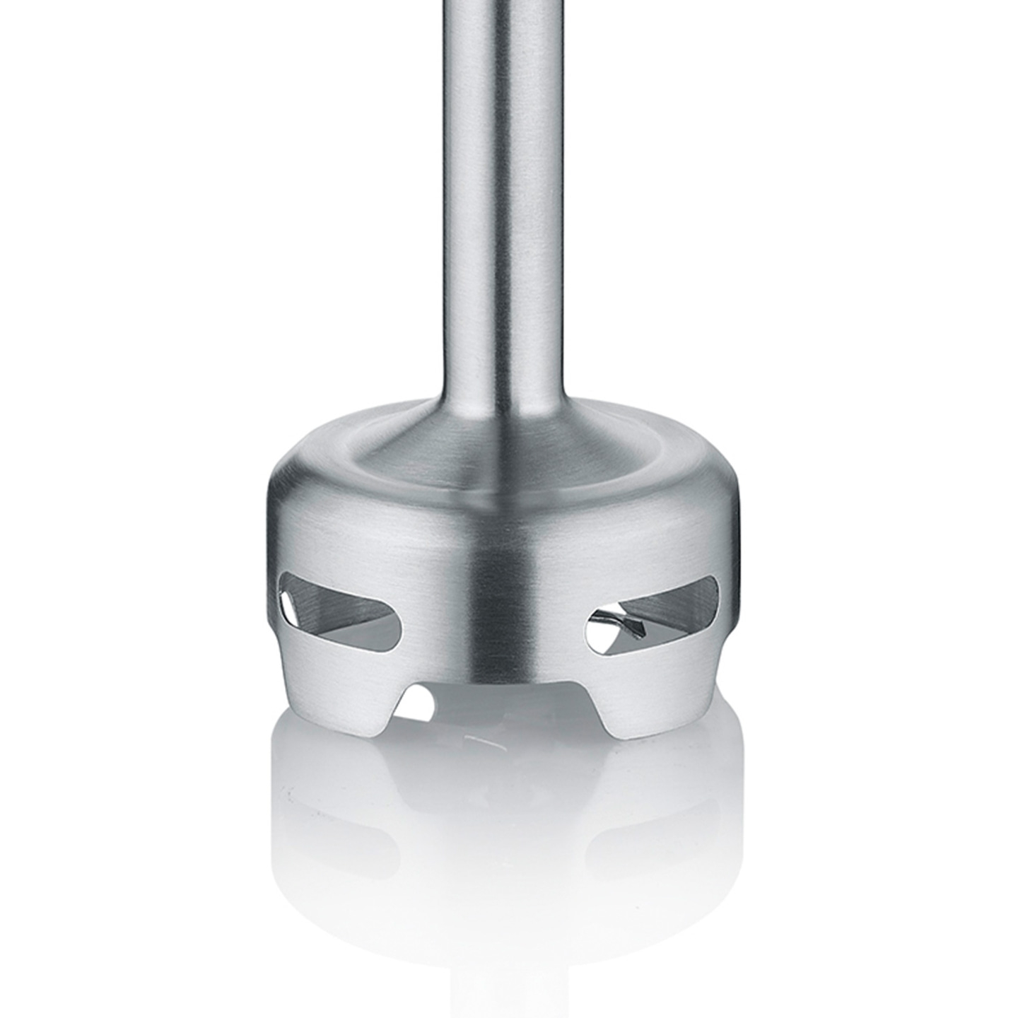 Close-up of a silver immersion blender with holes and reflections on a white background