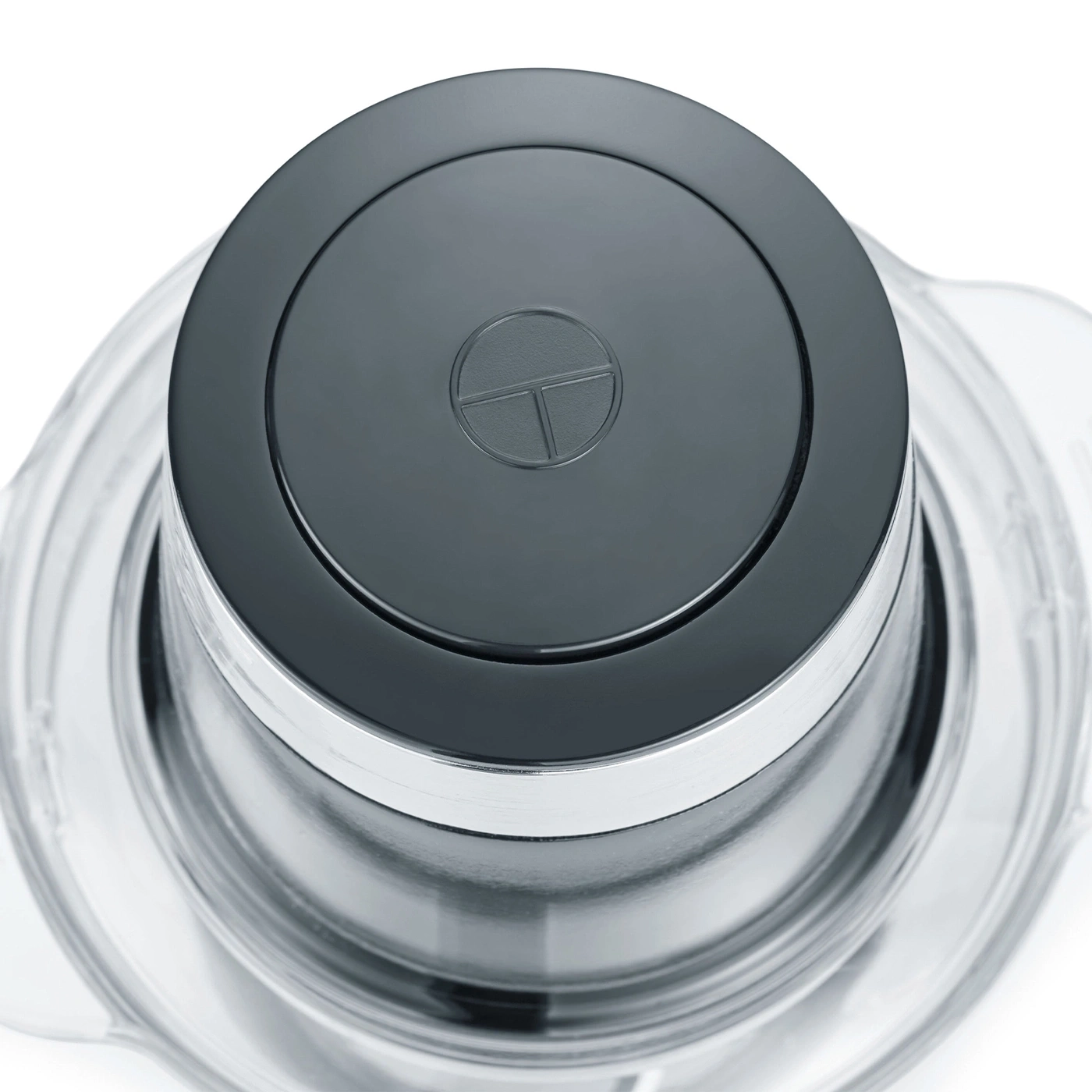 Top-down view of a gray blender with a logo on the lid, close-up shot.