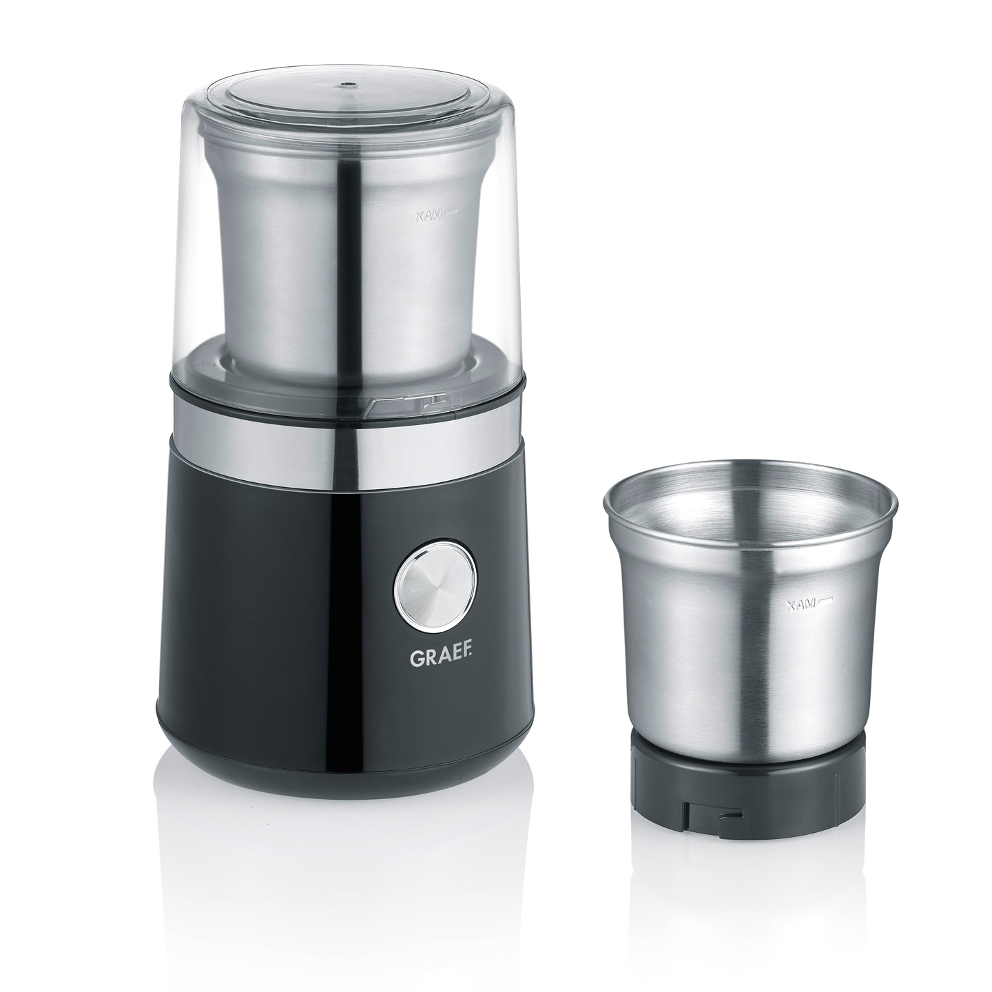 Coffee grinder with removable container, black and silver, isolated