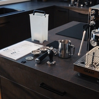 Espresso machine with accessories on the countertop
