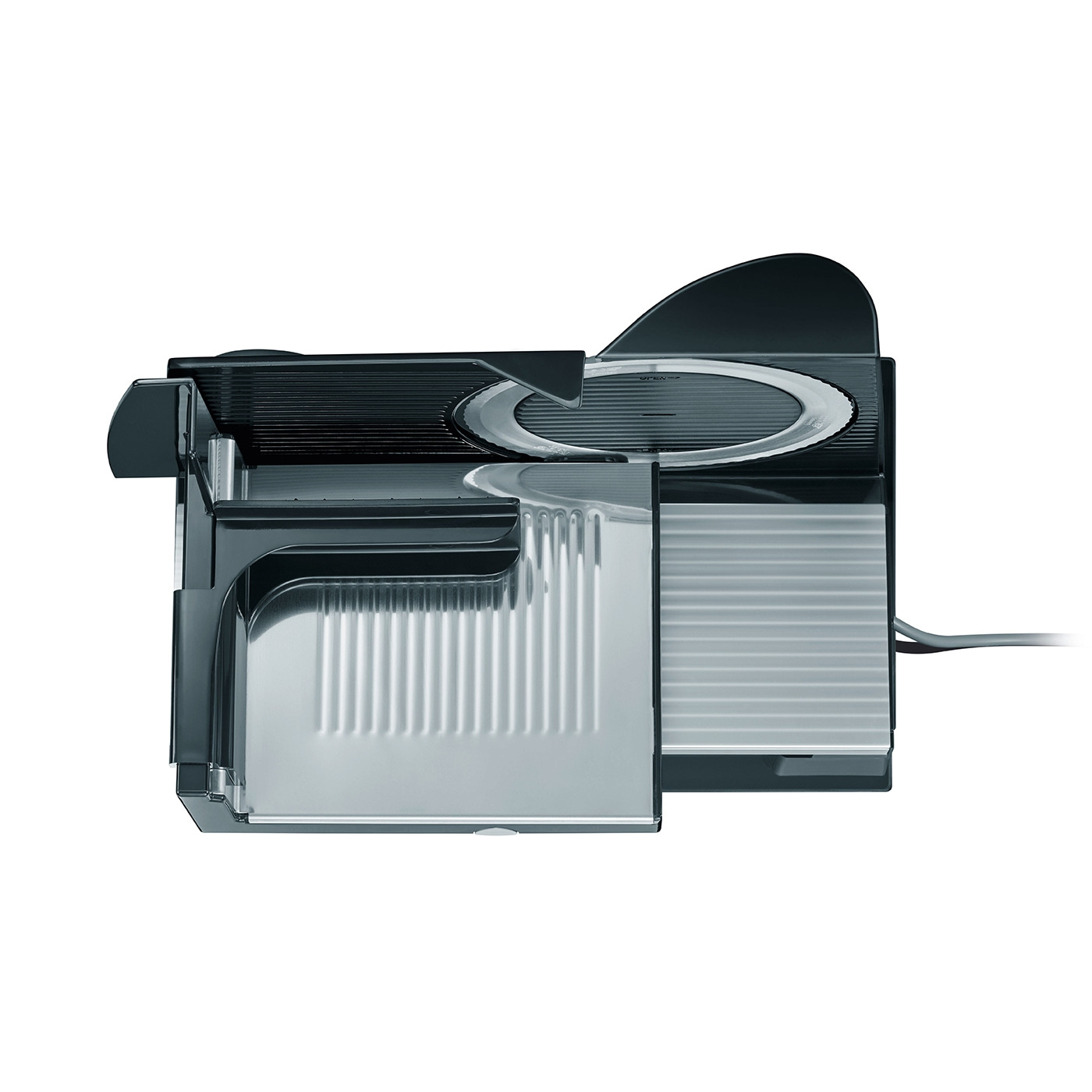 Trancheuse électrique noire, vue détaillée, isolée sur fond blanc