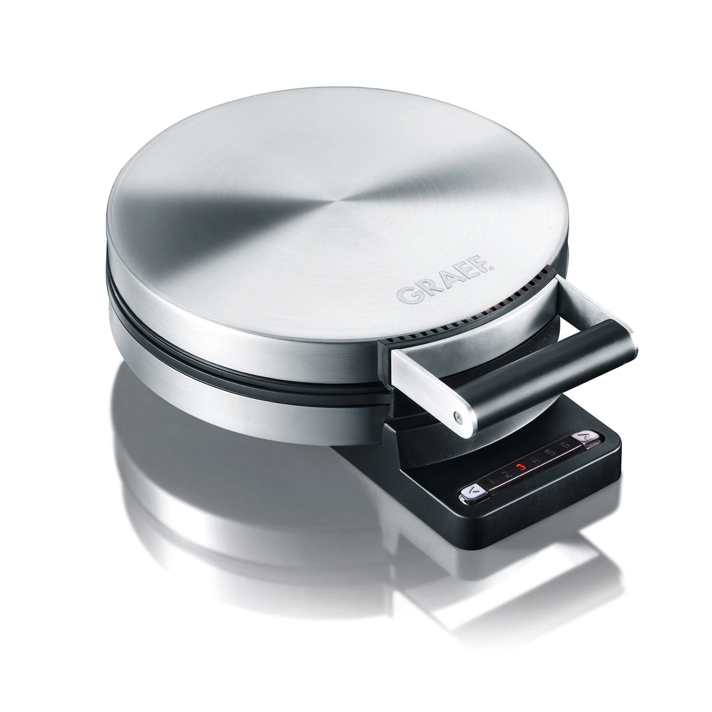 Round stainless steel Graef waffle iron with handle and digital display, modern design
