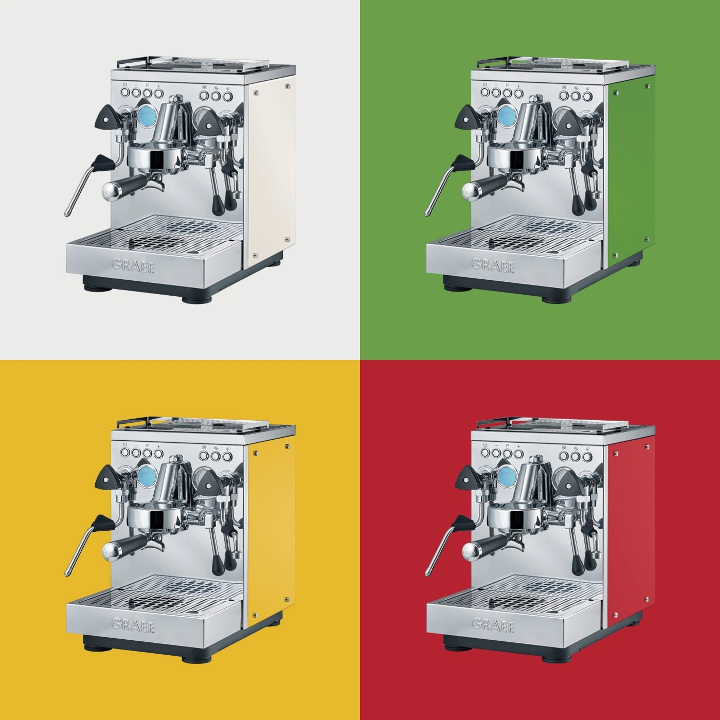 Coffee machine in four colors: cream, green, yellow, and red on colored backgrounds.