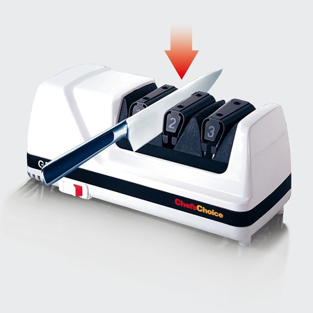 Küchenmesser-Schärfer mit Pfeil und Messer, ChefsChoice-Marke, weiß