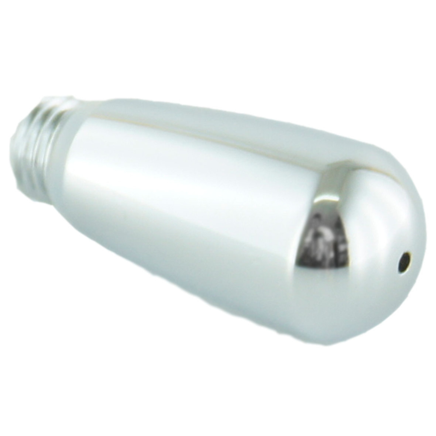 Objet métallique brillant avec des filets et un petit trou à l'extrémité.