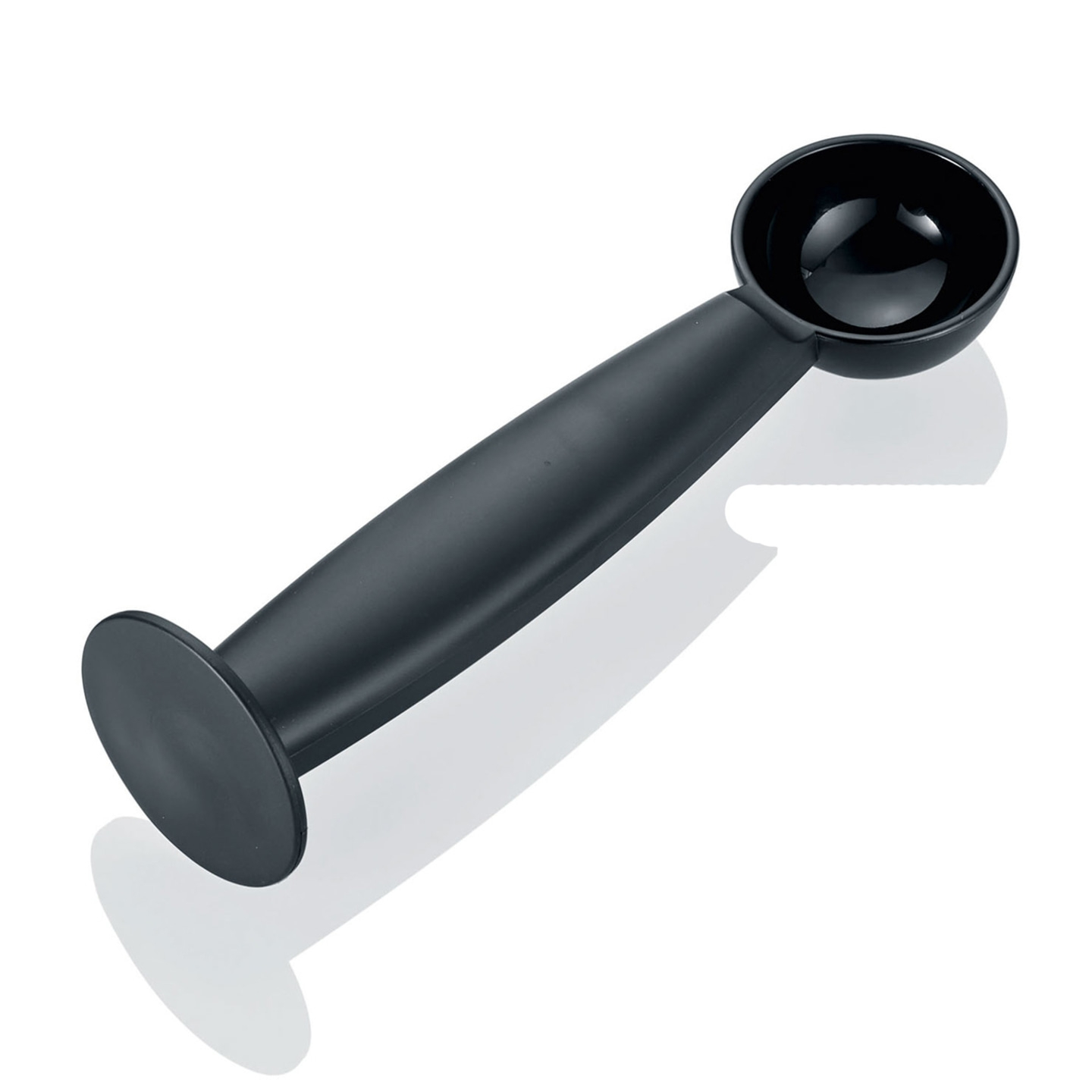 Paletta per gelato nera su sfondo bianco, primo piano, isolata