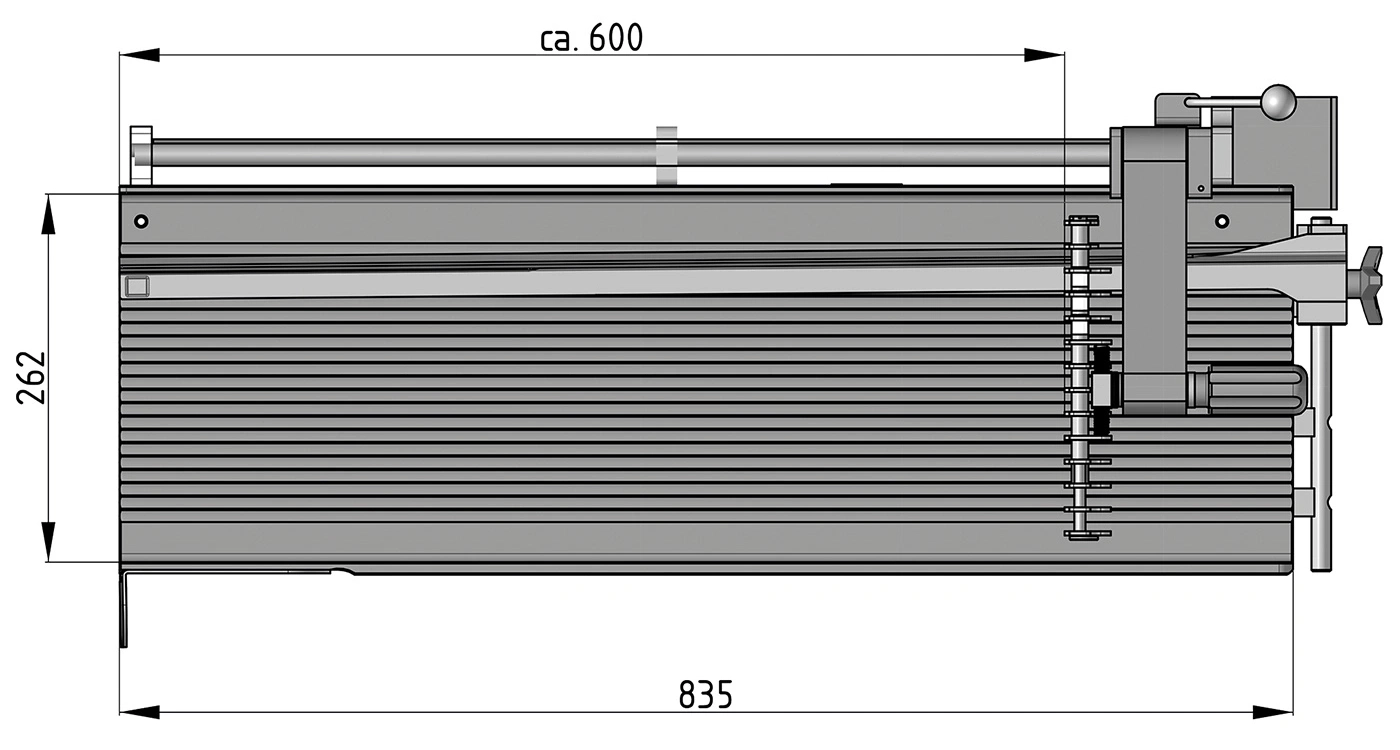 Dessin technique d'une machine avec dimensions 262, 600 et 835.
