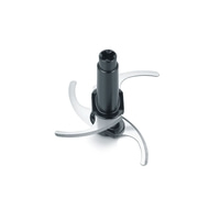 Gros plan d'une lame de robot culinaire noire avec trois lames sur fond blanc.