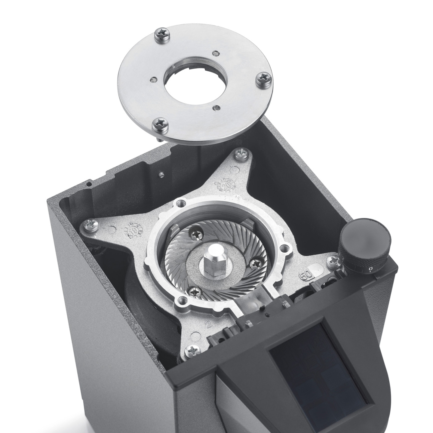 Macinacaffè, smontato, macina, metallo, viti, display, manopola, primo piano.