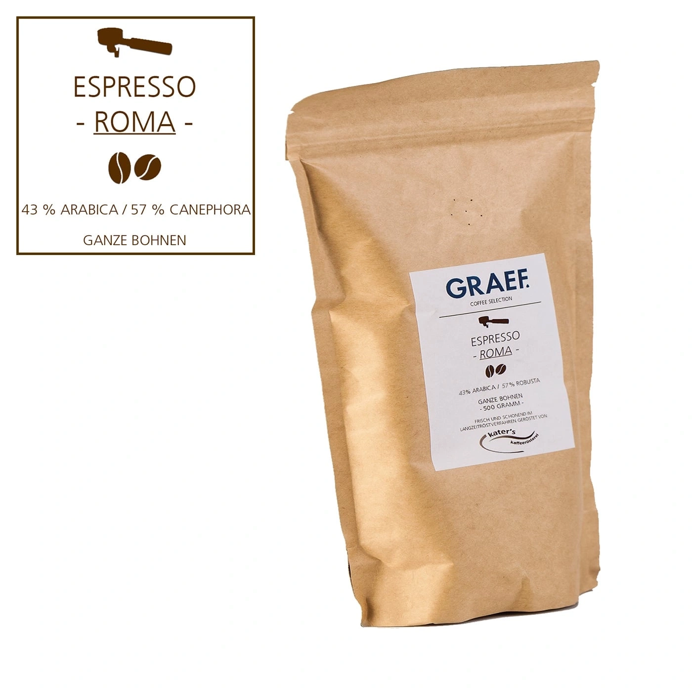 Confezione di chicchi di caffè, Espresso Roma, 43% Arabica, 57% Canephora, 500g, Graef