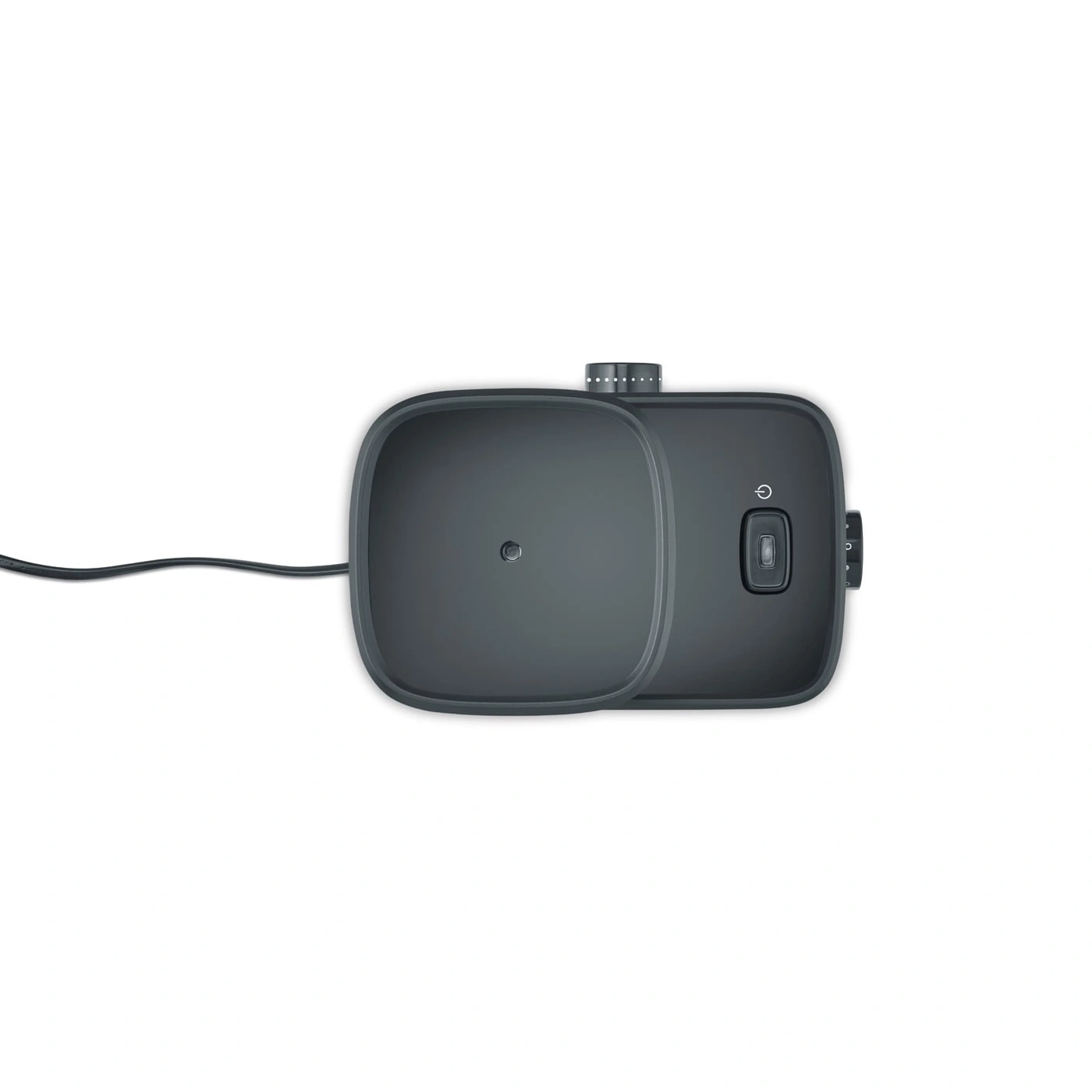 Dark gray device with buttons and cable on a white background.