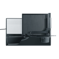 Electric food slicer with adjustable thickness setting and removable collection tray.