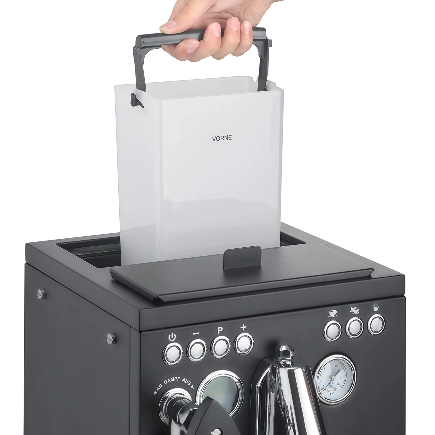 Macchina da caffè con serbatoio dell'acqua sollevato a mano, con pulsanti e indicatori sul pannello frontale.