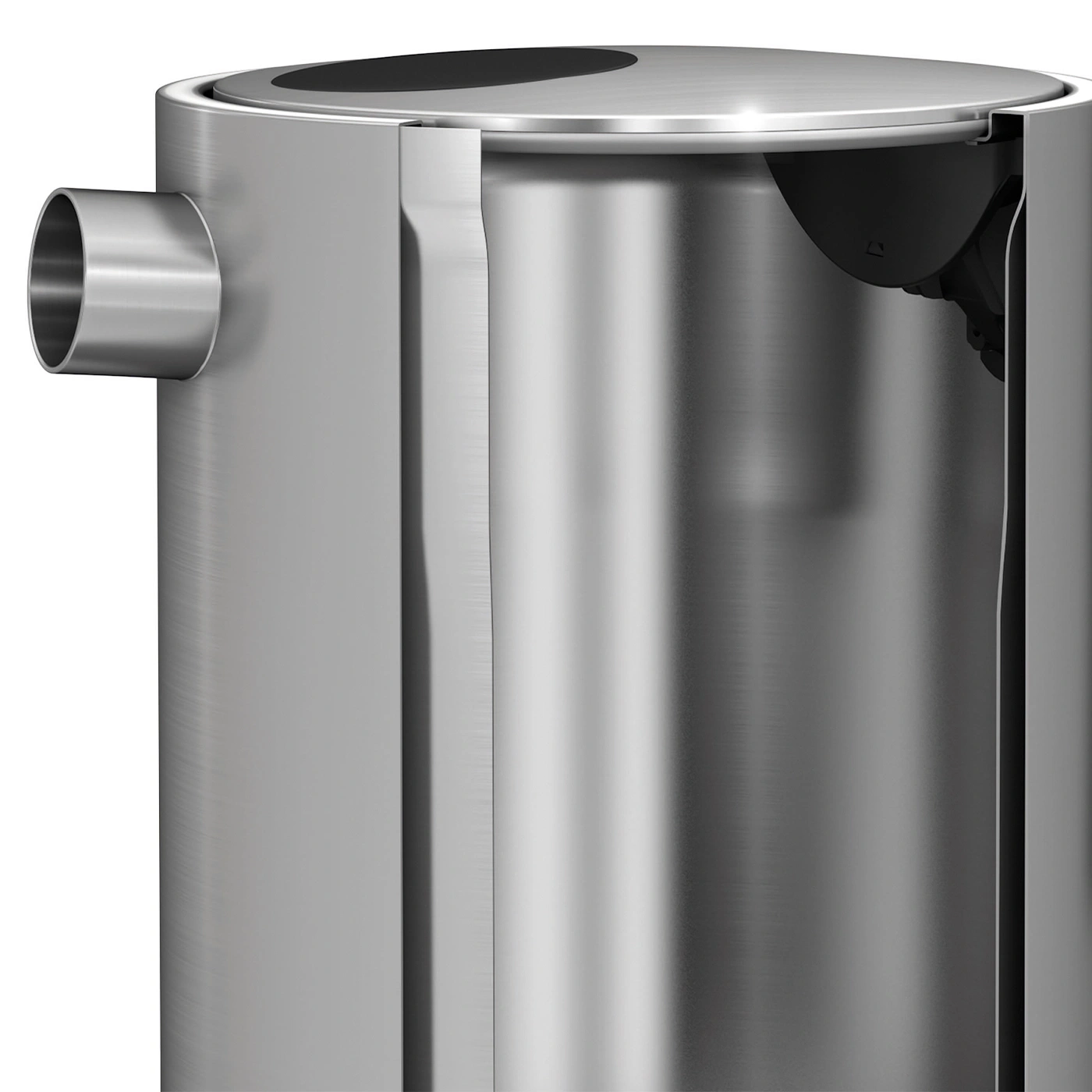 Conteneur en acier inoxydable avec vue en coupe, cylindrique, avec sortie et couvercle