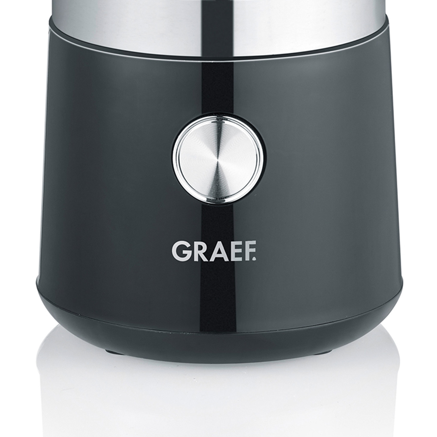 Black coffee grinder with silver accents and the brand name GRAEF displayed.