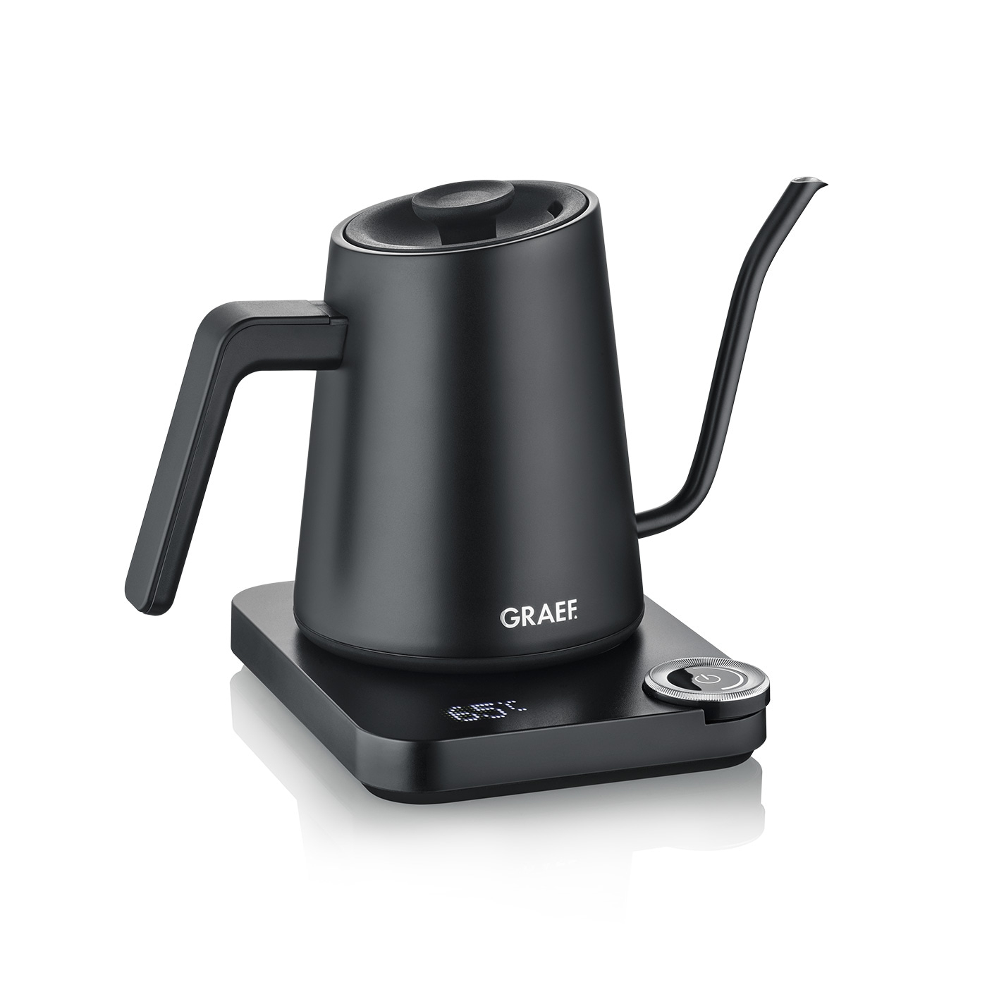 Black electric kettle with digital display and GRAEF logo on a white background.