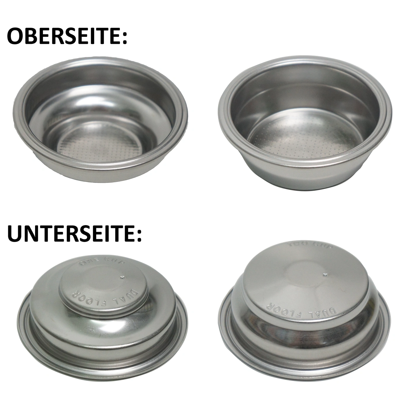 Porte-filtre à espresso : vues supérieure et inférieure, acier inoxydable, pour le café.