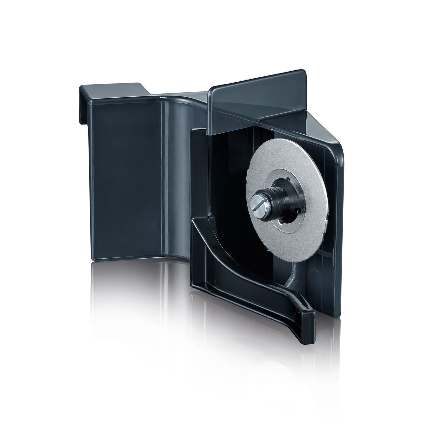 Dark gray plastic with a round blade and a screw mechanism for cutting.