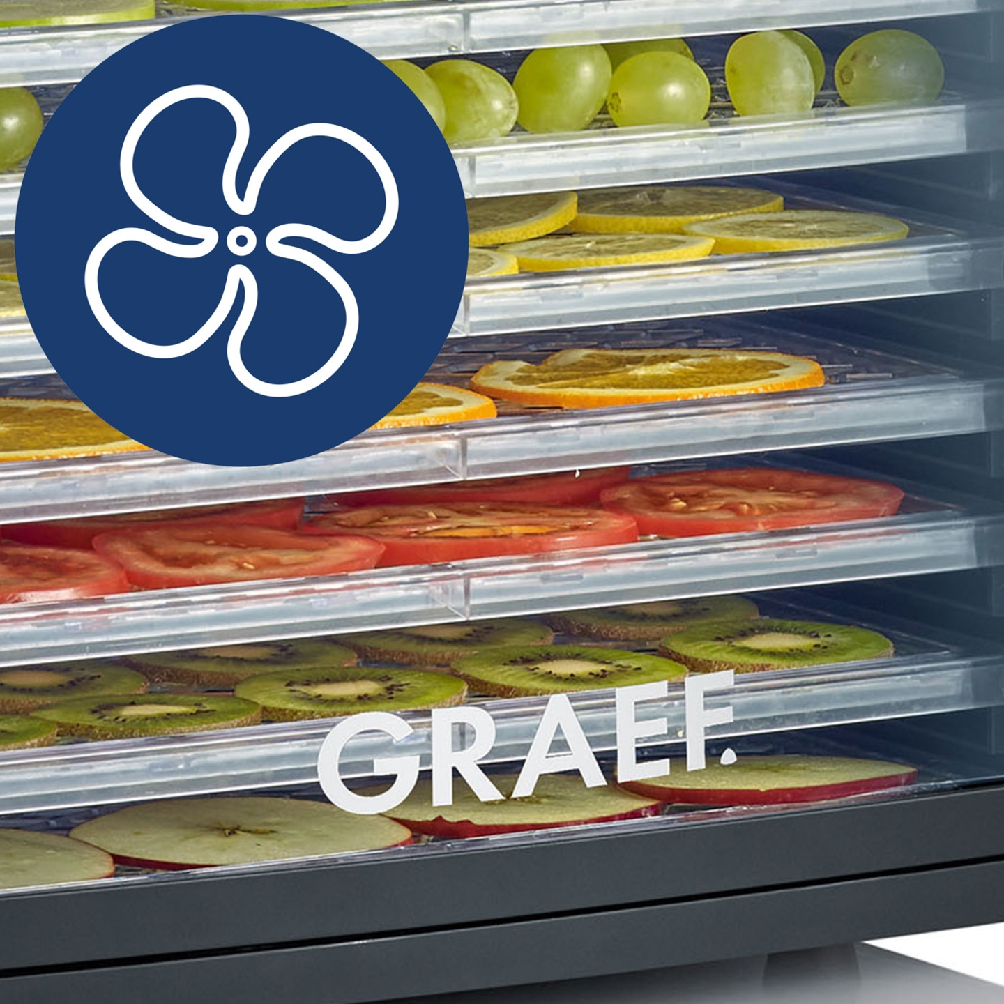 Food dehydrator with fruits and vegetables, GRAEF logo, blue symbol.