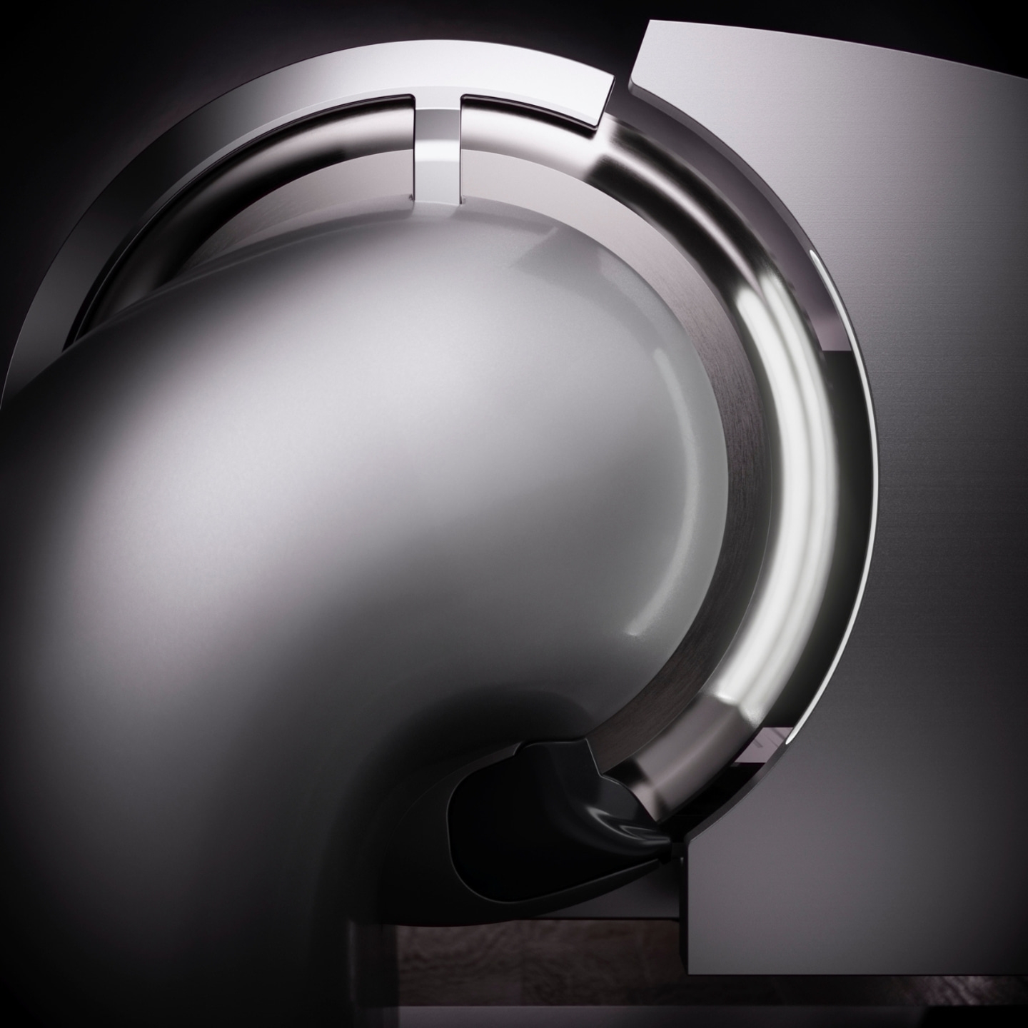 Structure métallique abstraite avec des surfaces brillantes et des courbes élégantes, minimaliste