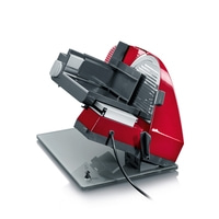 Trancheuse électrique rouge avec plaque de verre et câble, isolée sur fond blanc