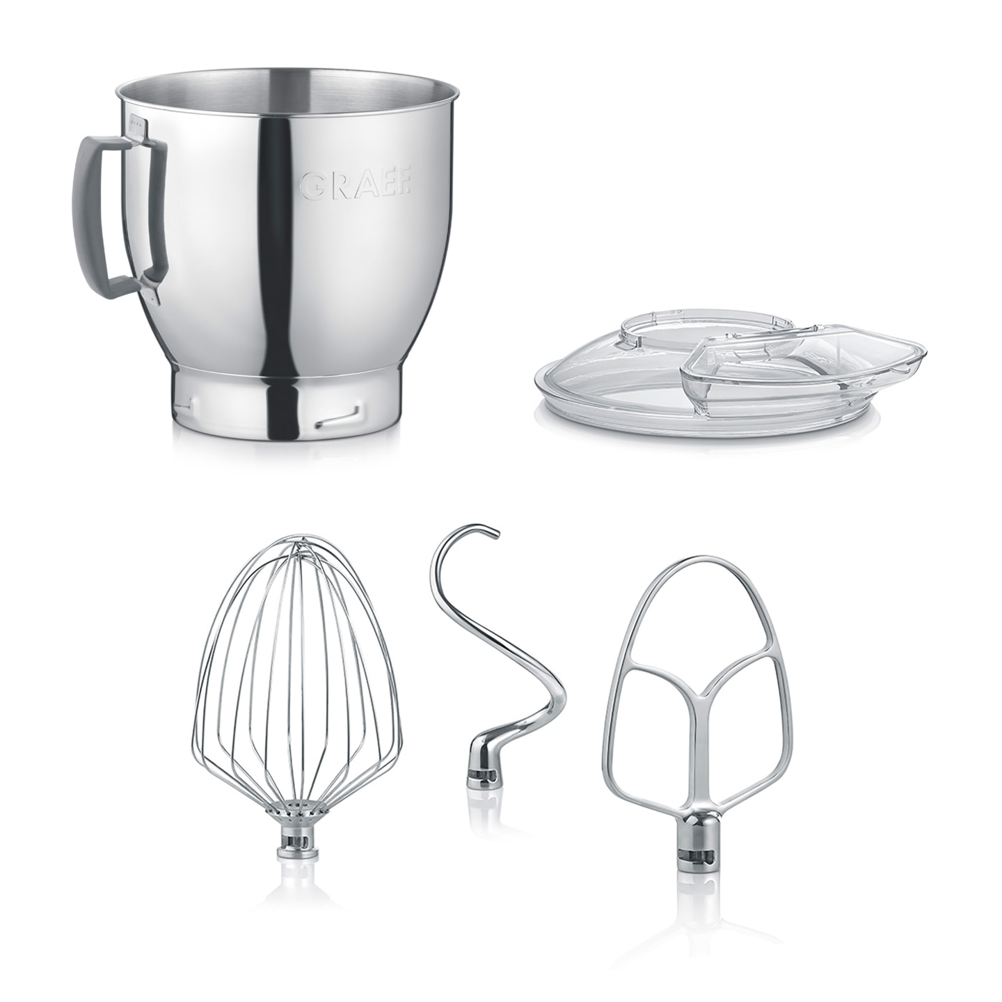 Robot culinaire avec accessoires : bol, couvercle, crochet pétrisseur, fouet, batteur, acier inoxydable