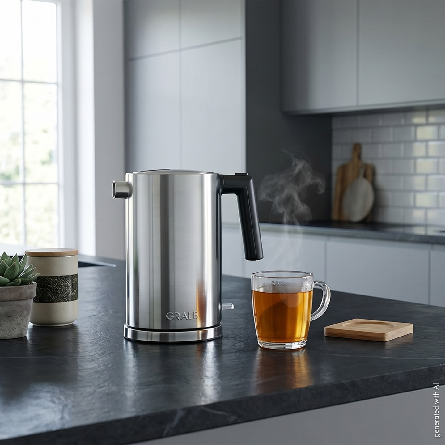 Stainless steel kettle with steaming cup of tea on kitchen countertop.