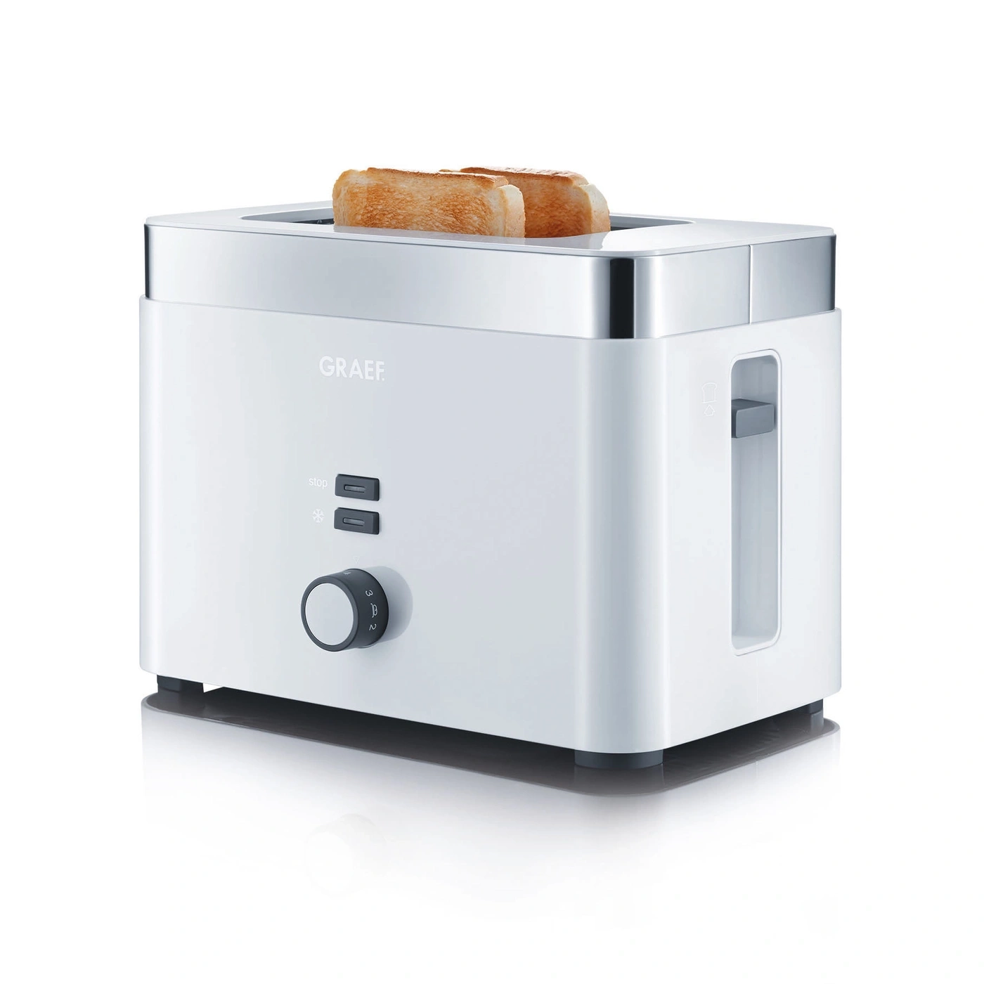 Tostapane bianco con due fette di pane tostato, marchio Graef, isolato su sfondo bianco.