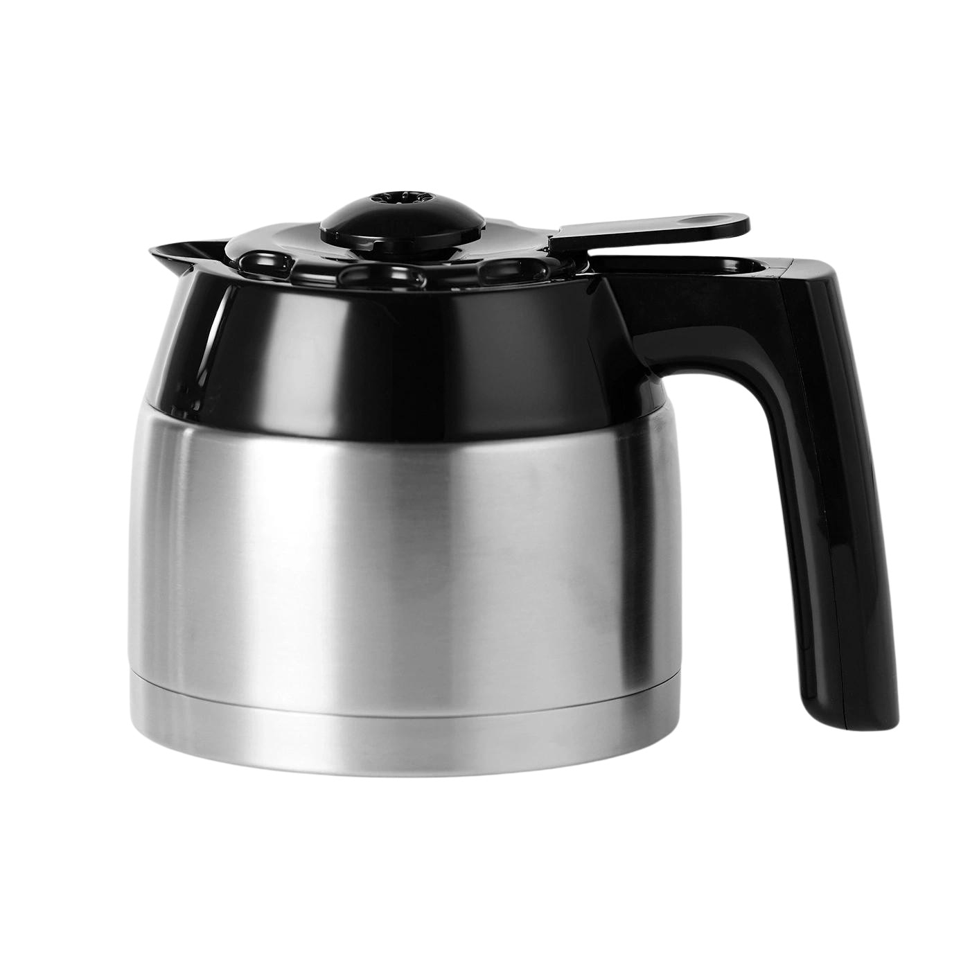 Stainless steel coffee carafe with black lid and handle, isolated on white
