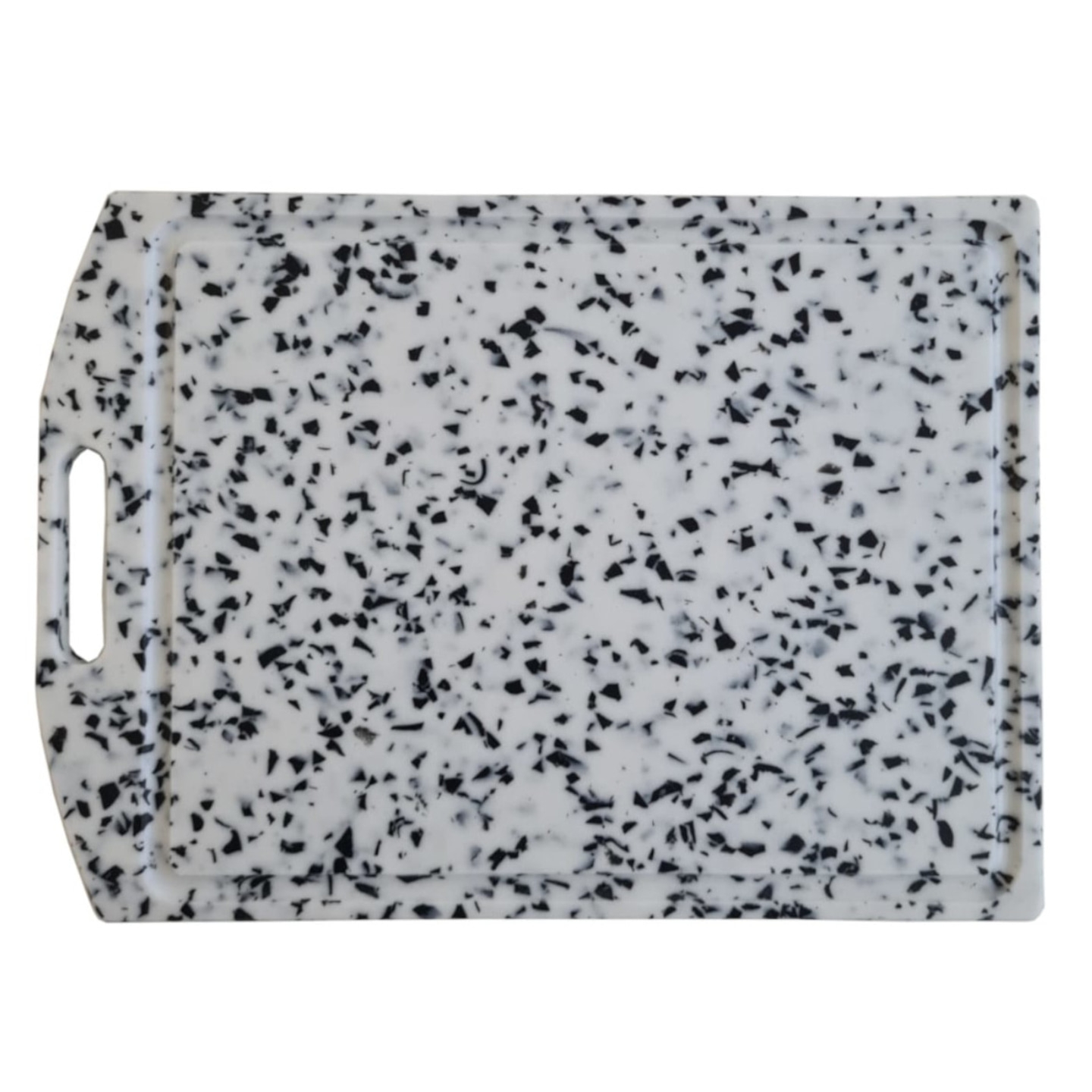 Tagliere con manico, bianco con macchie nere, rettangolare