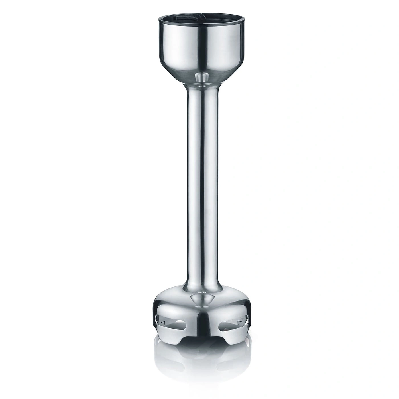 Shiny stainless steel immersion blender attachment, isolated on white background, kitchen appliance