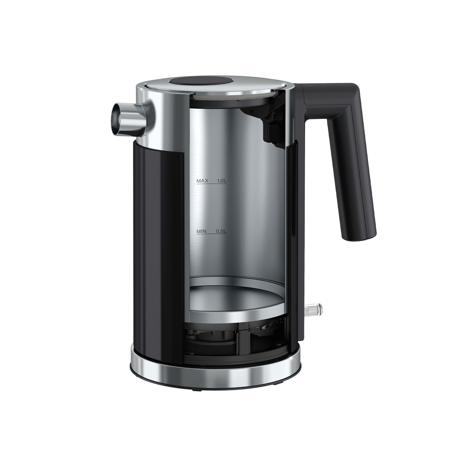 Coupe transversale d'une bouilloire noire et argentée avec poignée et bec verseur