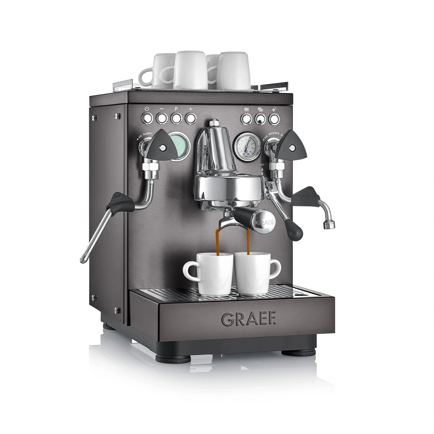 Espresso machine, two cups, coffee, Graef, stainless steel, beverage, preparation