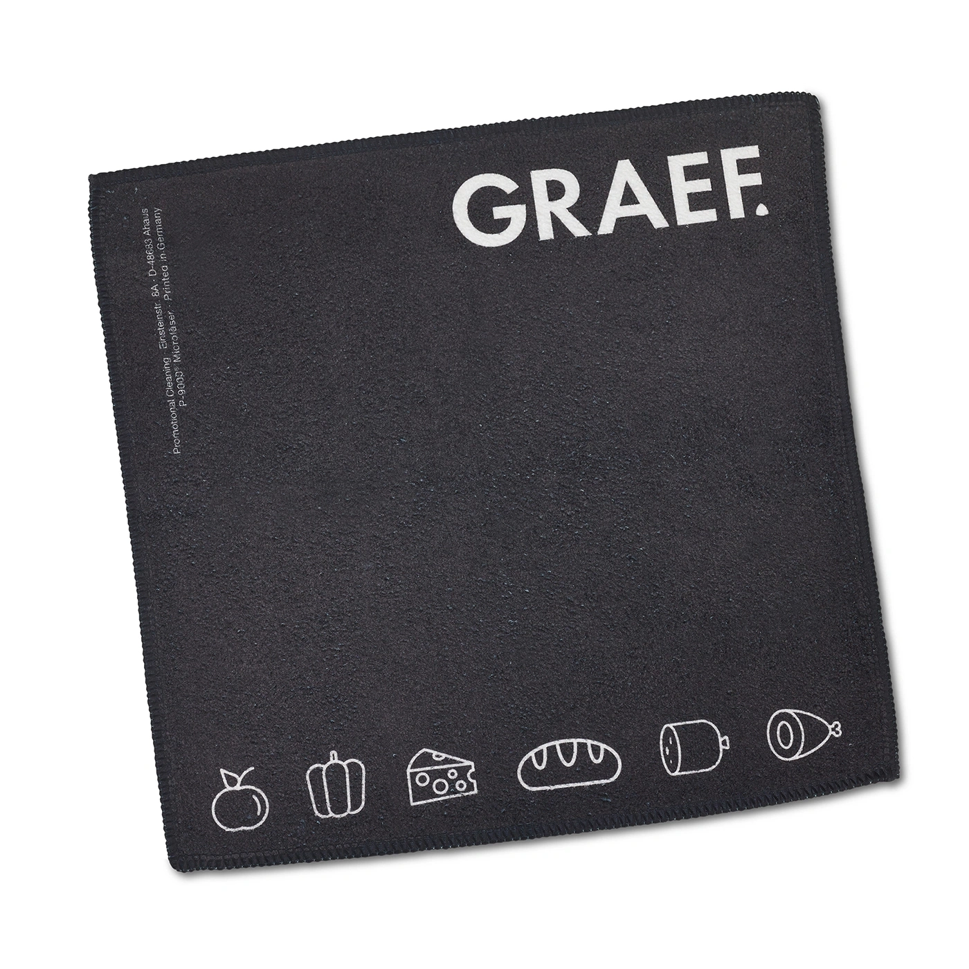 Chiffon microfibre noir avec logo "GRAEF" et icônes alimentaires.
