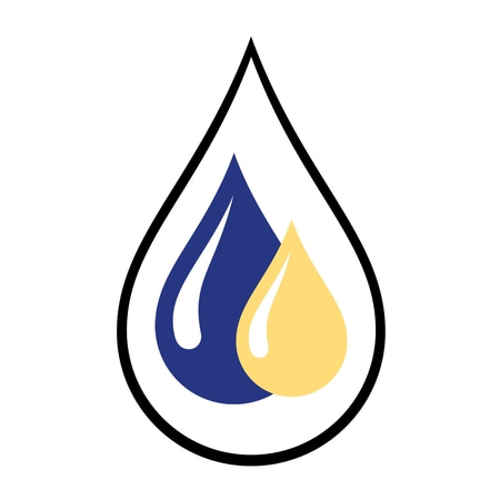 Logo of two water drops, one blue and one yellow, inside a black outline.