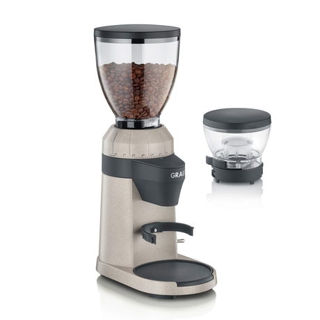 Coffee grinder with beans and extra container, grey color