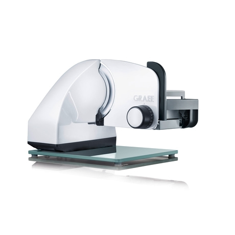 Trancheuse blanche avec plaque de verre et logo GRAEF, isolée sur fond blanc