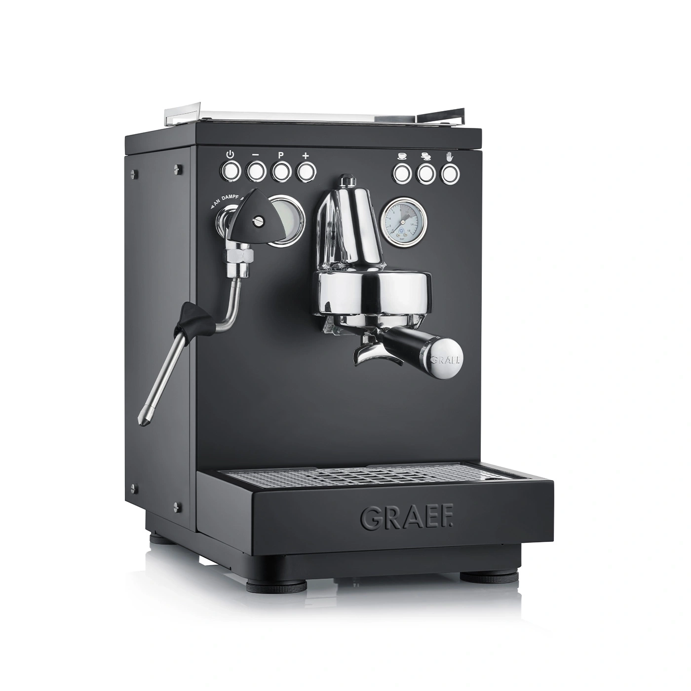 Macchina per espresso nera con lancia vapore e manometro, logo GRAEF.