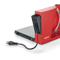 Red food slicer with power cord and GRAEF logo on a white background.