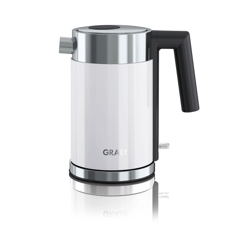 Electric kettle, white, stainless steel, handle, GRAEF, modern design, kitchen appliance