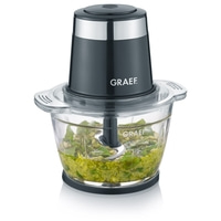 Robot culinaire Graef avec pesto. Moteur noir, bol en verre, lames en acier inoxydable.