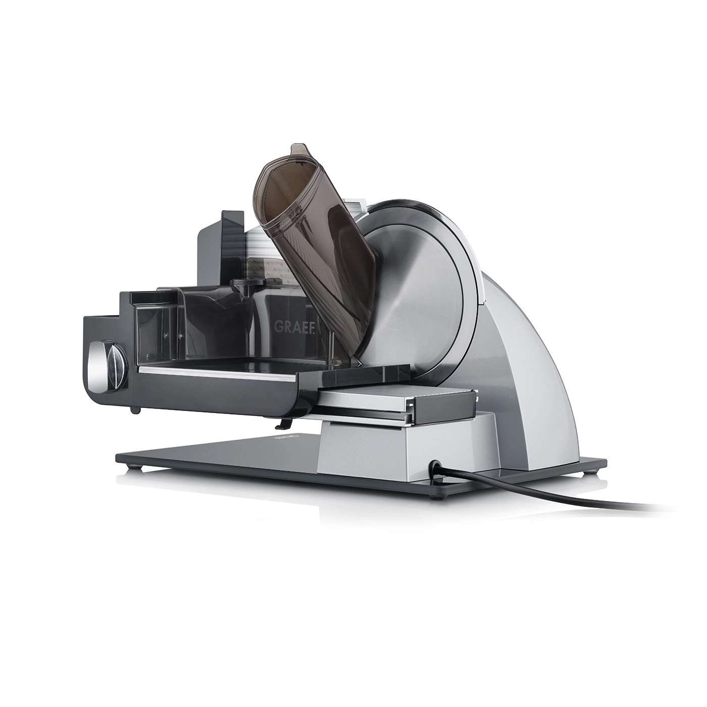 Graef slicer, silver and black, with power cord, close-up shot, kitchen appliance