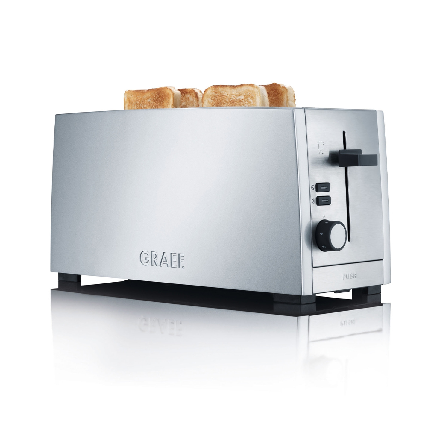Silver toaster with toast, GRAEF logo, buttons, and lever, on white background.