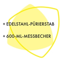 Mixeur plongeant en acier inoxydable et gobelet doseur de 600 ml sur fond jaune